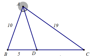 Cho \(\Delta ABC\), phân giác \(AD{\rm{ }}\left( {D \in BC} \right).\) Biết \(AB = 10{\rm{ cm}}{\rm{, }}AC = 19{\rm{ cm}}{\rm{, }}BD = 5{\rm{ cm}}\). (ảnh 1)