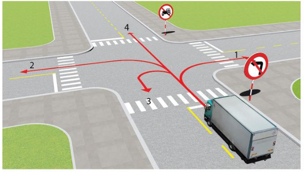 Những hướng nào ô tô tải được phép đi?  A. Cả bốn hướng. B. Hướng 1, 2 và 3. C. Hướng 1  (ảnh 1)