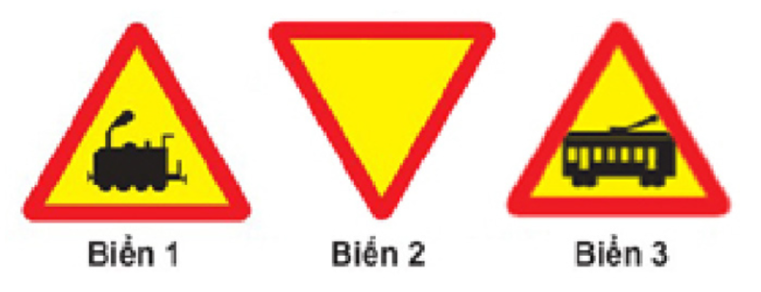 Biển nào báo hiệu sắp đến chỗ giao nhau giữa đường bộ và đường sắt?  A. Biển 1. B. Biển 2. C. Biển 3. D.   (ảnh 1)
