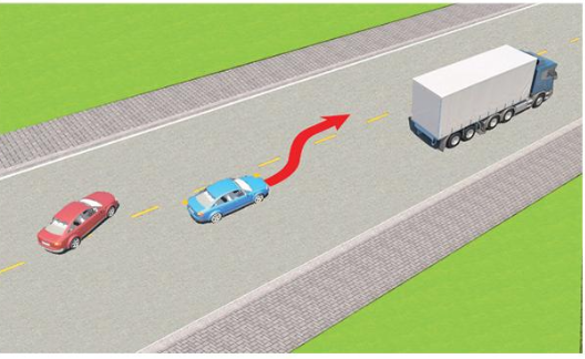 Trong tình huống dưới đây, xe con màu đỏ có được phép vượt khi xe con màu xanh  (ảnh 1)