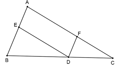 a) Tứ giác \(AEDF\) là hình bình hành.  b) \(\frac{{AE}}{{AB}} = \frac{{CD}}{{BC}}.\)  c) \(\frac{{ED}}{{AC}} = \frac{{BD}}{{BC}}.\)  d) \(\frac{{DF}}{{AB}} + \frac{{ED}}{{AC}} = 2.\) (ảnh 1)