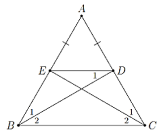 Cho tam giác ABC cân tại A. Các đường phân giác BD,CE (D thuộc AC, E thuộc AB. Biết rằng góc ACB = 55 độ (ảnh 1)