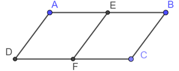 Cho tứ giác \(ABCD\) có \(AB = CD,\;AB\;{\rm{//}}\;CD,\;AB = 2AD.\) Gọi \(E,\;F\) lần lượt là trung điểm của \(AB,\;DC.\a) Tứ giác \(ABCD\) là hình thoib) \(AE = AD.\) (ảnh 1)