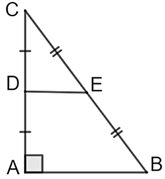 a) \(DE\) là đường trung tuyến của tam giác \(ABC.\)  b) \(DE = \frac{1}{2}AB.\) (ảnh 1)