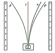Cho tia phóng xạ alpha ($\alpha$), beta ($\beta$), gamma ($\gamma$) bay qua khoảng không gian giữa hai bản cực của một tụ điện được nạp điện bằng nguồn một chiều như hình bên thì (ảnh 2)