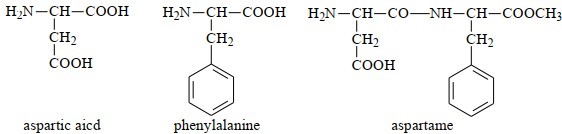Sự kết hợp giữa aspartic acid và phenylalanine tạo thành peptide, peptide này có thể được chuyển đổi thành methyl ester gọi là aspartame. Công thức của aspatic acid, phenylalanine và aspartame được cho dưới đây: (ảnh 1)