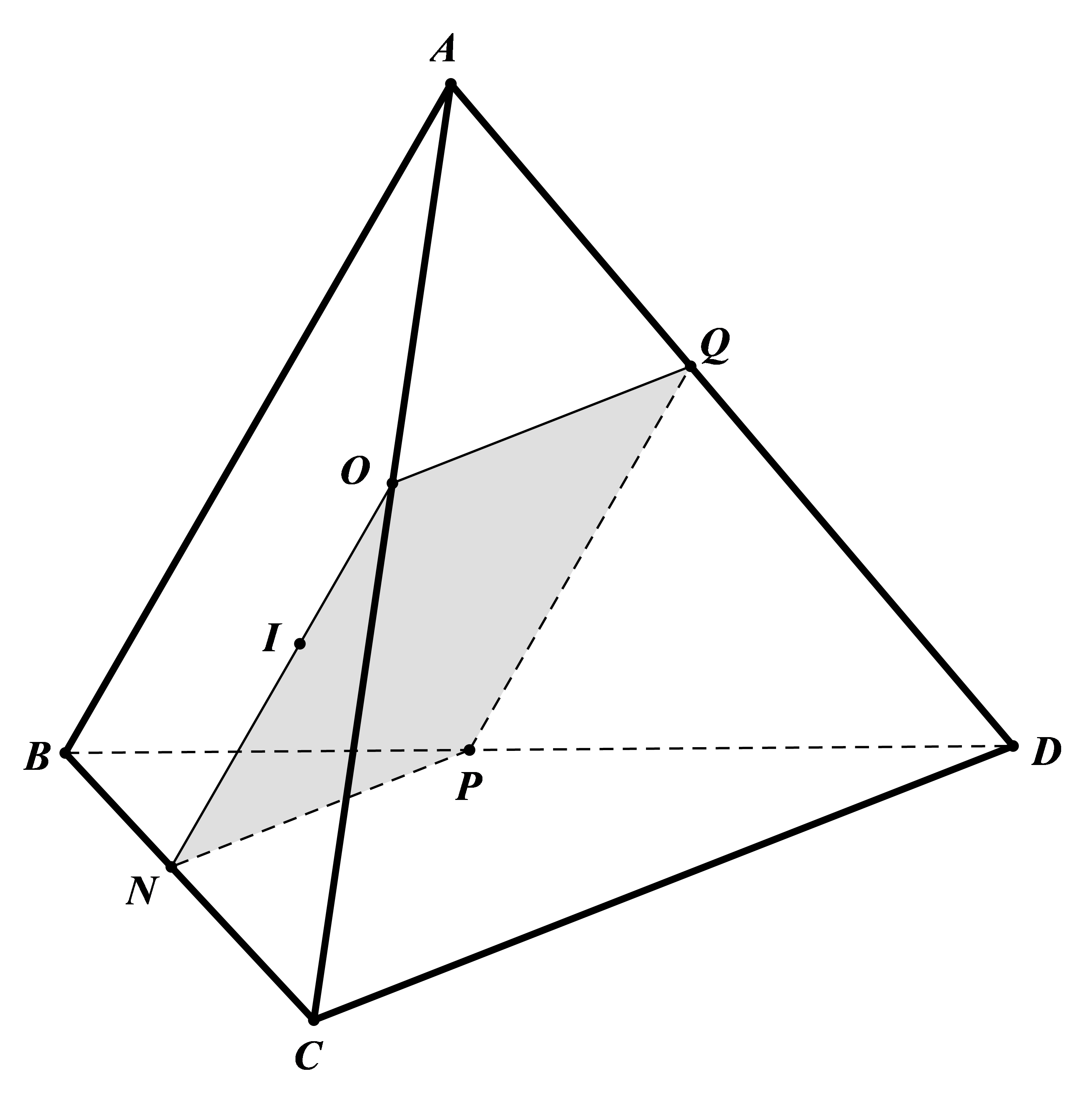 Ta có: \(\left\{ \begin{array}{l}ON\;{\rm{//}}\;QP\;{\rm{//}}\;AB\\OQ\;{\rm{//}}\;NP\;{\rm{//}}\;CD\end{array} \right.\) nên thiết diện tạo thành là hình bình hành \(ONPQ\). (ảnh 1)