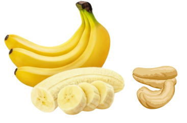 Look and choose the correct answer.  There are bananas and ______.  A. cakes B. nuts C. mangoes (ảnh 1)