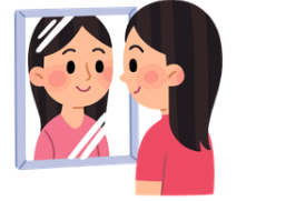 Look and choose the correct answer.  She’s looking at her _________ in the mirror.  A. bag B. face C. foot (ảnh 1)