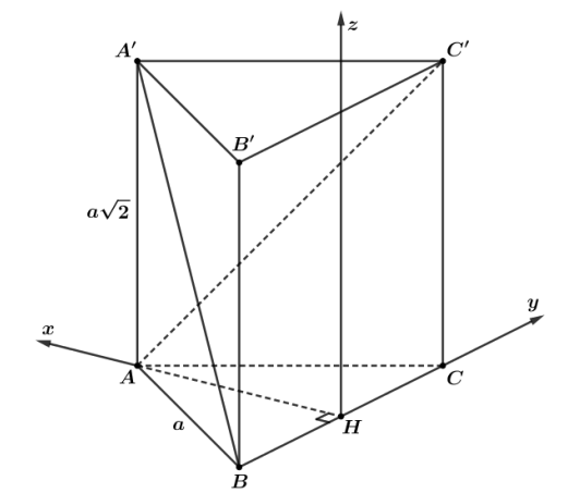 Cho hình lăng trụ tam giác đều \(ABC.A'B'C'\) có cạnh đáy bằng \(a\), \(CC' = a\sqrt 2 \). Góc giữa hai đường thẳng \(BA'\) và \(AC'\) là bao nhiêu?  (ảnh 1)