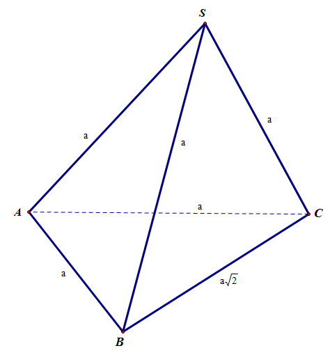  (1,0 điểm) Cho hình chóp \[S.ABC\] có \[SA = SB = SC = AB = AC = a\], \[BC = a\sqrt 2 \]. Tính góc giữa hai véc tơ \[\overrightarrow {AB} \] và \[\overrightarrow {SC} \]. (ảnh 1)