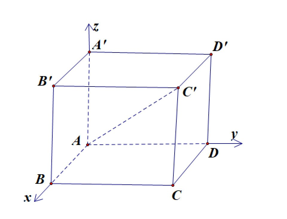 Trong không gian với hệ trục tọa độ \(Oxyz\), cho hình hộp chữ nhật \(ABCD.A'B'C'D'\)có điểm \(A\) trùng với gốc tọa độ \(O\), điểm \(B\) nằm trên tia \(Ox\), điểm \(D\)nằm trên tia \(Oy\), điểm \(A'\)nằm trên tia \(Oz\).Biết \(AB = 2,\,AD = 4,\,AA' = 3 (ảnh 1)