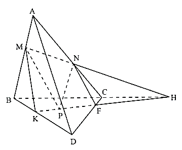 Cho tứ diện ABCD. Gọi \(M\) là điểm trên cạnh \(AB,N\) là điểm thuộc cạnh \(AC\) sao cho \(MN\) không song song với \(BC\). Gọi \(P\) là điểm nằm trong \(\Delta BCD\). Khi đó: (ảnh 1)