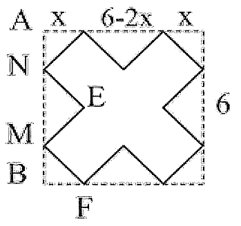 Từ tấm bìa hình vuông có cạnh bằng 6 người ta cắt bỏ các tam giác vuông cân tạo thành hình tô đậm như hình vẽ. Sau đó người ta gập thành hình hộp chữ nhật không nắp. Thể tích lớn nhất của khối hộp chữ nhật bằng bao nhiêu ? (ảnh 2)