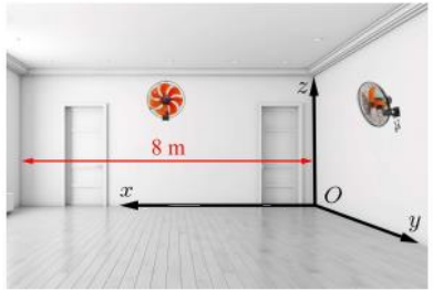 Trong một căn phòng dạng hình hộp chữ nhật với chiều dài  \(8m\), rộng \(6m\) và cao \(4m\)có \(2\)cây quạt treo tường. (ảnh 1)