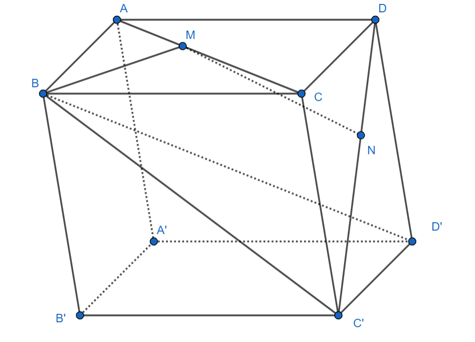 Cho hình hộp ABCD.A'B'C'D'; Các điểm \(M,\,N\)lần lượt thuộc các đường thẳng CA (ảnh 1)