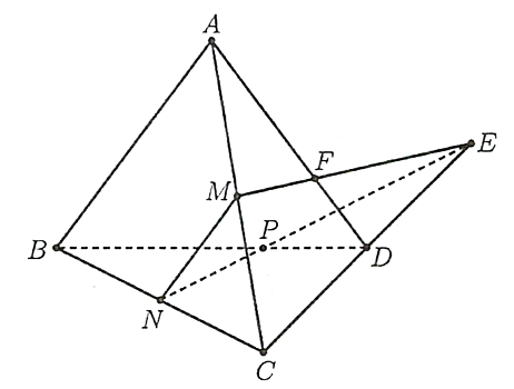 Cho bốn điểm \(A,B,C,D\) không đồng phẳng. Gọi \(M,N\) lần lượt là trung điểm của \(AC\) và \(BC\). Trên đoạn \(BD\) lấy điểm \(P\) sao cho \(BP = 2PD\), \(E = CD \cap NP\). Khi đó: (ảnh 1)