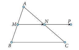 Cho tam giác \(ABC\) có \(M\) và \(N\) lần lượt là trung điểm của \(AB\) và \(AC\). Lấy điểm \(P\) đối xứng với điểm \(M\) qua \(N\). Khi đó:  a) \(MN = BC\) (ảnh 1)