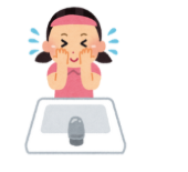 Look and choose the correct answer.  She is _____________ her face.  A. running B. holding C. washing (ảnh 1)