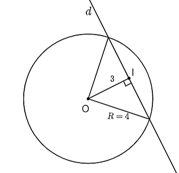 Đường thẳng \(d\) cách tâm \(O\) của đường tròn \(\left( {O;\,\,4\,{\rm{cm}}} \right)\) một khoảng \({\rm{3 cm}}.\) Khi đó vị trí tương đối của \(d (ảnh 1)