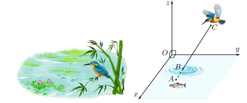  Với hệ trục tọa độ Oxyz sao cho O nằm trên mặt nước, mặt phẳng \(\left( {Oxy} \right)\)là mặt nước, trục \(Oz\) h (ảnh 1)