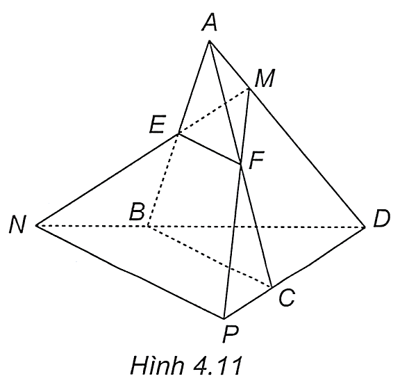Cho tứ diện \(ABCD\). Gọi \(E,F\) lần lượt là trung điểm của các cạnh \(AB,AC\) và \(M\) là một điểm bất kì thuộc cạnh \(AD\). Giả sử \(ME\) cắt \(BD\) tại \(N\) và \(MF\) cắt \(CD\) tại \(P(H.4.11)\). Chứng minh rằng \(NP//EF\).   (ảnh 1)
