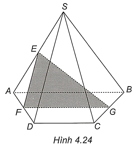 Cho hình chóp \(S.ABCD\) có đáy \(ABCD\) là hình thang \((AB//CD)\). Gọi \(E,F,G\) lần lượt là trung điểm của các cạnh \(SA,AD,BC\) (H.4.24).    Chứng minh rằng hai mặt phẳng \((EFG)\) và \((SCD)\) song song với nhau. (ảnh 1)