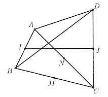 Cho tứ giác \(ABCD\). Gọi \(I,J\) theo thứ tự là trung điểm của \(AB,CD\) và \(IJ = \frac{5}{4}\). Gọi \(M,N\) theo thứ tự là trung điểm của \(BC,AC\). Tính \(|\overrightarrow {AM}  + \overrightarrow {BN}  + \overrightarrow {CI} |\)? (ảnh 1)