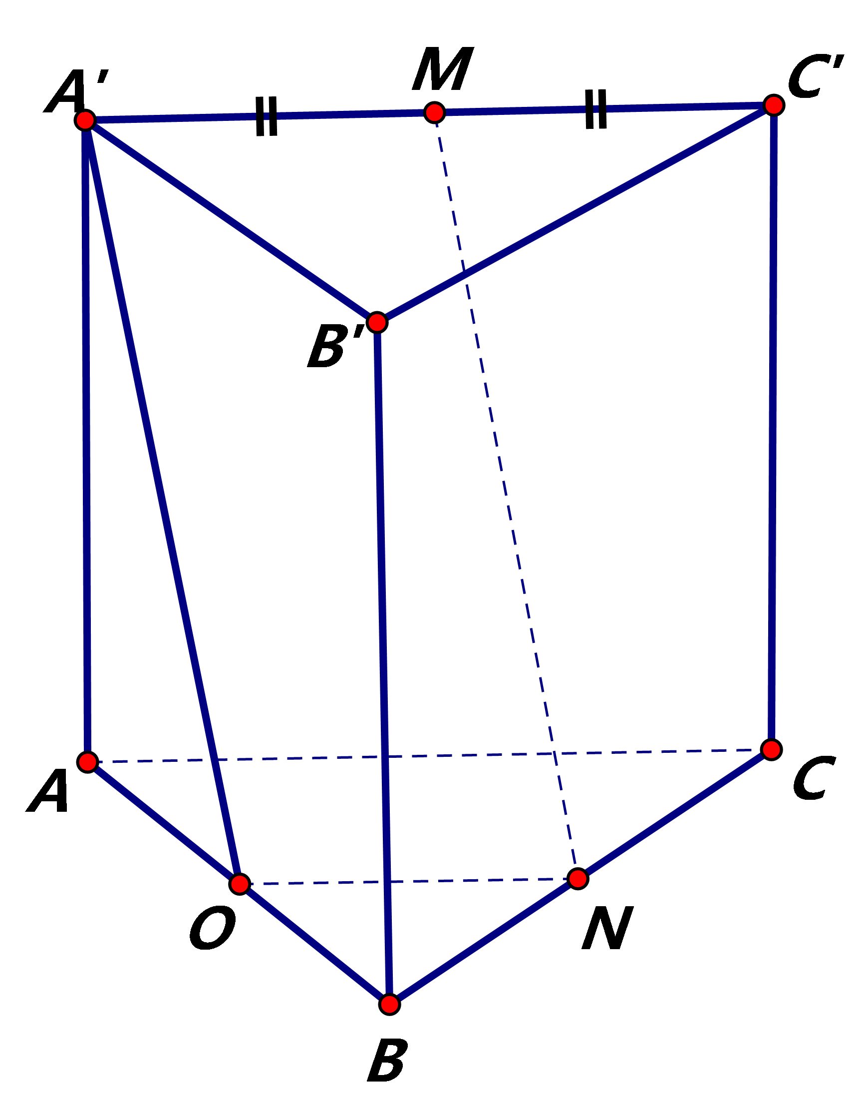 Lăng trụ \(ABC.A'B'C'\). \(M,N\) là trung điểm của \(A'C',BC\). Chứng minh \(MN\;{\rm{//}}\;\left( {ABB'A'} \right)\) (ảnh 1)