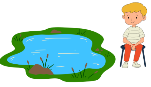 Look and choose the correct answer.  The boy is sitting near a __________.  A. garden B. bus C. lake (ảnh 1)