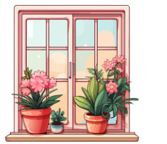 Look and choose the correct answer.  There are flowers at the ___________.  A. window B. door C. lake (ảnh 1)