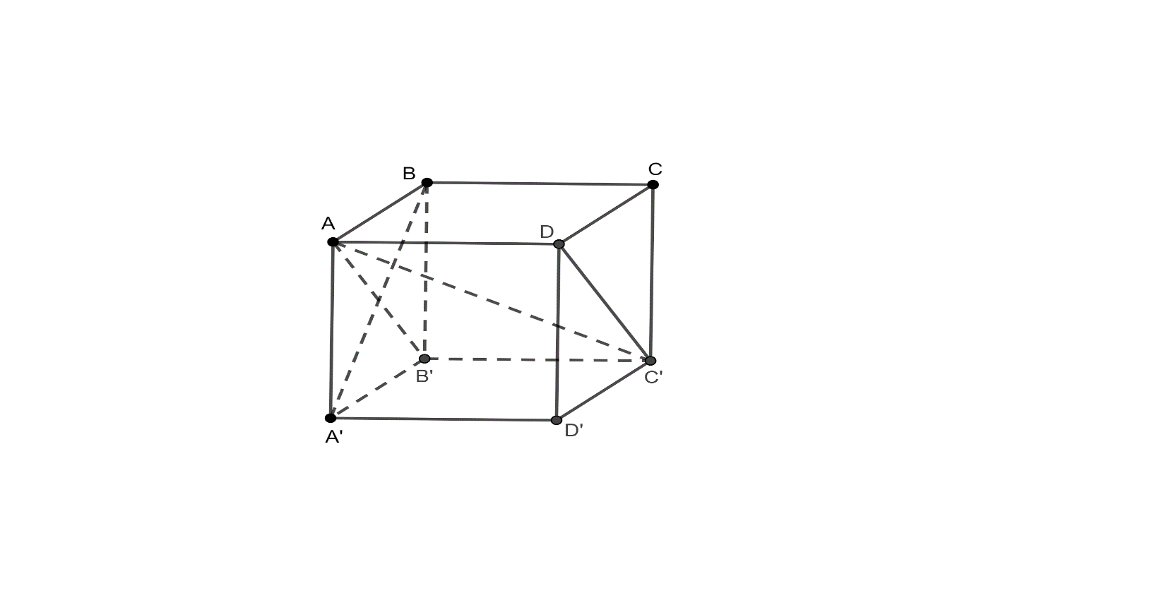 Cho hình lập phương \(ABCD.A'B'C'D'\). Góc giữa hai véctơ \(\overrightarrow {A'B} \) và \(\overrightarrow {AC'} \) bằng bao nhiêu độ? (ảnh 1)