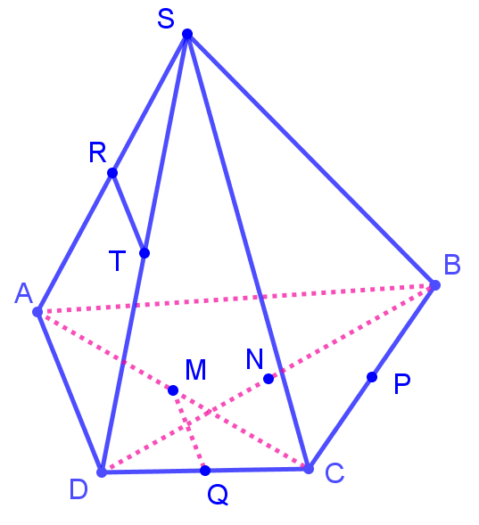 Cho hình chóp \(S.ABCD\). Gọi \(M,N,P,Q,R,T\) lần lượt là trung điểm \(AC,BD,BC,CD,SA,SD\). Cặp đường thẳng nào sau đây song song với nhau? 	A. \(MP\) và \(RT\).	B. \(MQ\) và \(RT\).	C. \(MN\) và \(RT\).	D. \(PQ\) và \(RT\). (ảnh 1)