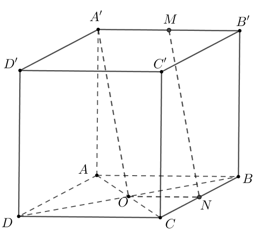 Cho hình lập phương \[ABCD.A'B'C'D'\], \[AC \cap BD = O\].\[M\], \[N\] là trung điểm của \[A'B'\], \(BC\). Chứng minh \[MN{\rm{//}}A'O\]. (ảnh 1)