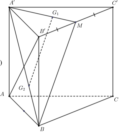 Cho hình lăng trụ \(ABC.A'B'C'\). \({G_1},{G_2}\) lần lượt là trọng tâm các tam giác \(A'B'C'\) và \(ABB'\). Chứng minh rằng \({G_1}{G_2}{\rm{//}}\left( {BCC'B'} \right)\). (ảnh 1)