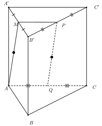 Lăng trụ \[ABC.A'B'C'\].\[M,P,Q\] là trung điểm \[A'B'\], \[B'C'\],\[AC\]. Chứng minh \[AM{\rm{//}}PQ\]. (ảnh 1)