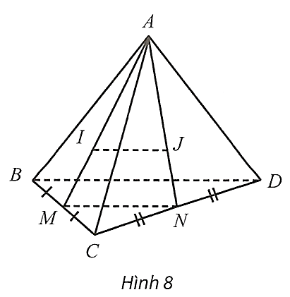 Cho tứ diện \(ABCD\). Gọi \(I,J\) lần lượt là trọng tâm của hai tam giác \(ABC\), \(ACD\). Chứng minh rằng \(IJ//(BCD)\). (ảnh 1)