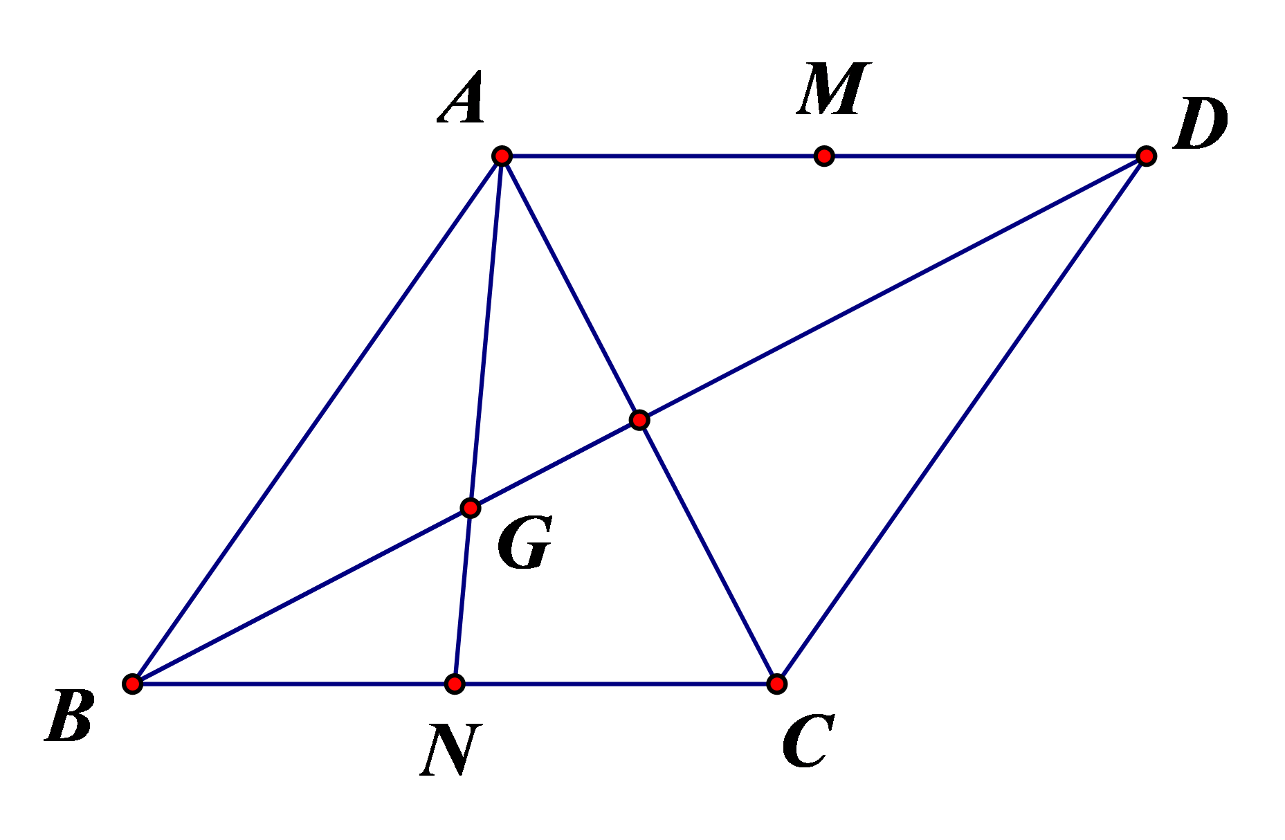Cho hình thoi ABCD tâm O, \(\widehat {BAC} = 60^\circ \). Gọi M là trung điểm AD và G là trọng tâm của tam giác ABC. Biết \(\overrightarrow {GM}  = \frac{m}{3}\overrightarrow {BA}  + \frac{n}{6}\overrightarrow {BC} \). Tính tổng \(m + n\). (ảnh 1)