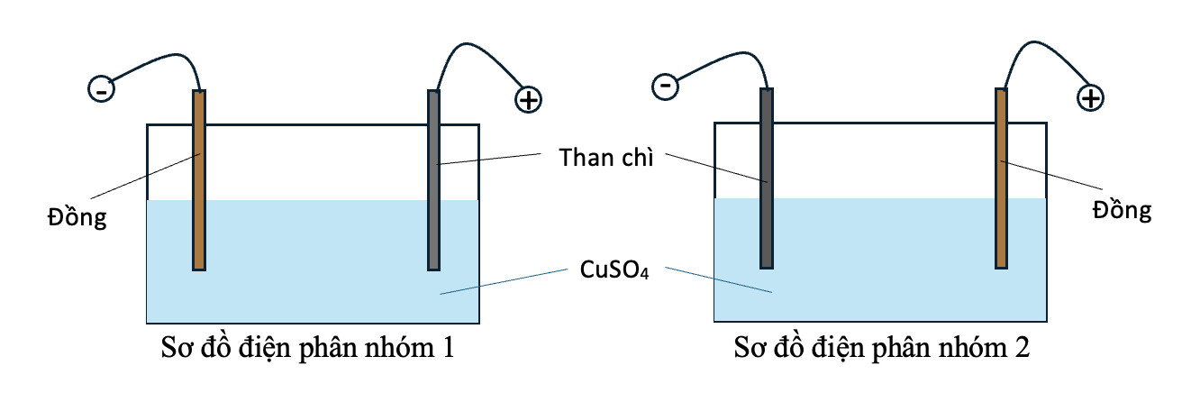 Hai nhóm học sinh tiến hành thí nghiệm điện phân dung dịch CuSO4 với một điện cực than chì và một điện cực bằng đồng (bỏ qua sự thay đổi thể tích của dung dịch khi điện phân). (ảnh 1)