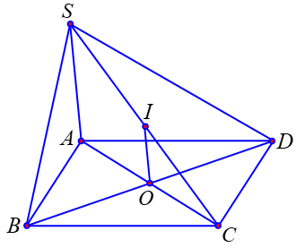 Chọn D   \(IO\) là đường trung bình tam giác \(SAC\) nên \(IO\,\,{\rm{//}}\,\,SA\)\( \Rightarrow IO\,{\rm{//}}\,\left( {SAB} \right)\), \(IO\,\,{\rm{//}}\ (ảnh 1)