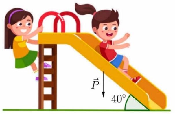 Một em bé cân nặng \(m = 20{\rm{\;kg}}\) trượt trên cầu than (ảnh 1)