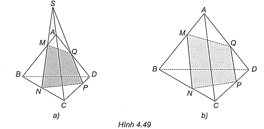 Cho tứ diện ABCD. Một mặt phẳng cắt bốn cạnh AB,BC,CD,DA lần lượt tại các điểm M,N,P,Q. (ảnh 1)