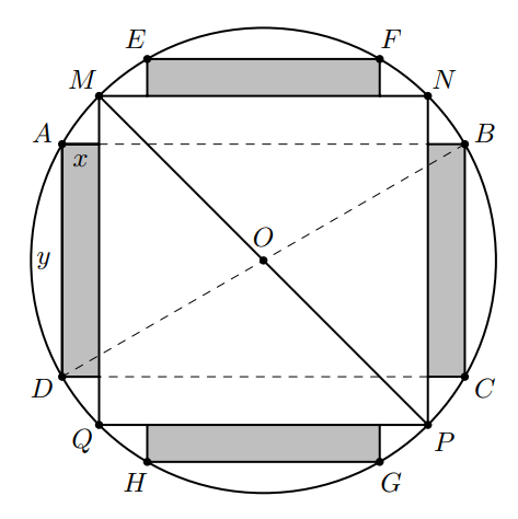 Từ một khúc gỗ tròn hình trụ có đường kính bằng 40 cm, cần xả thành một chiếc xà có tiết diện ngang là hình vuông và bốn miếng phụ được tô màu xám như hình vẽ dưới đây. Tìm chiều rộng x của miếng phụ để diện tích sử dụng theo tiết diện ngang là lớn nhất. (ảnh 2)
