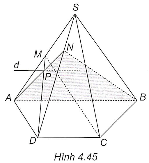 Cho hình chóp \(S.ABCD\) có đáy \(ABCD\) là hình thang \((AB//CD)\). Gọi \(M,N\) lần lượt là các điểm thuộc các cạnh \(SA,SD\). a) Xác định giao tuyến \(d\) của hai mặt phẳng \((MCD)\) và \((NAB)\). b) Chứng minh rằng \(d//AB\). (ảnh 1)