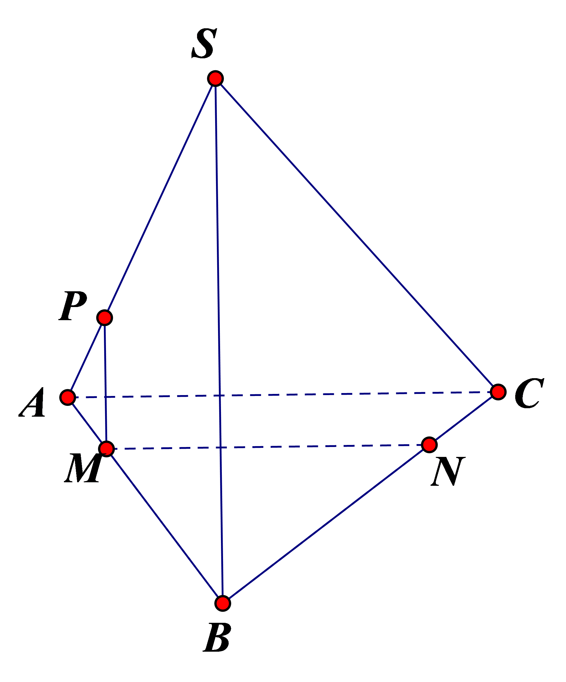 Cho tứ diện \(ABCD.\) Trên \(SA,BC\) lấy điểm \(M,N\) sao cho: \(\frac{{SM}}{{SA}} = \frac{{BN}}{{BC}} = \frac{3}{4}\). Qua \(N\) kẻ \(NP\) song song với \(CA\) (\(P\) thuộc \(AB\)). Chứng minh rằng \(MP\)//\(SB\) (ảnh 1)