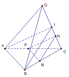Do\[ABCD\] là tứ diện đều nên tam giác \[ABI\] cân tại \[I\] cân tại \[N\] (ảnh 1)