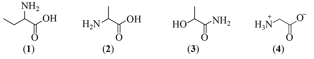 Cho công thức cấu tạo của các hợp chất sau:   Những chất nào không phải là α-amino acid? A. Chất (3).		 B. Chất (1), (2) và (4). C. Chất (3) và (4).		 D. Chất (1), (3) và (4). (ảnh 1)