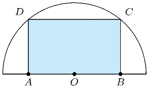 Từ một tấm tôn có hình dạng là nửa hình tròn bán kính R = 5, người ta muốn cắt ra một hình chữ nhật. Diện tích lớn nhất có thể của tấm tôn hình chữ nhật là bao nhiêu? (ảnh 1)