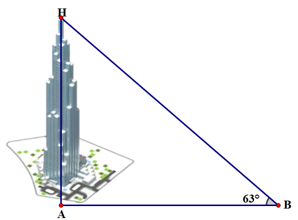 Lời giải  Xét \(\Delta ABH\) vuông tại \(A\), ta có:  \(\tan B = \frac{{AH}}{{AB}}\) hay \(\tan 63^\circ  = \frac{{AH}}{{235}}\) nên \(AH = 235 \cdot \tan 63^\circ  = 461\;\,({\rm{m)}}\).  Vậy chiều cao của tòa nhà này là \[461{\rm{ m}}.\]  Đáp án: 461. (ảnh 1)