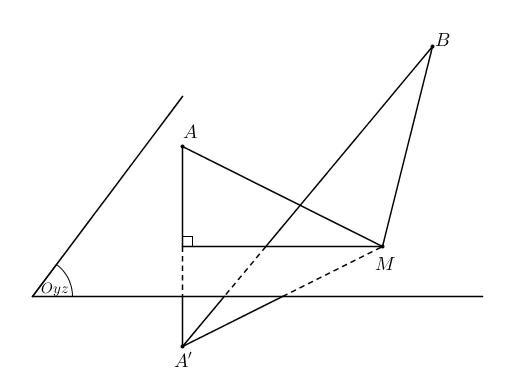 Trong không gian \(Oxyz\), cho tam giác \(ABC\) có \[A\left( { - 2;0; - 3} \right),B\left( { - 4;1; - 1} \right),C\left( { - 4; - 4;1} \right)\].  a) Góc \(A\) là góc nhọn. (ảnh 1)